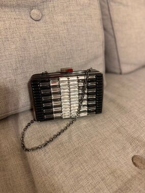 Banana Republic Black and Silver Crystal-Accent Box Clutch with Chain